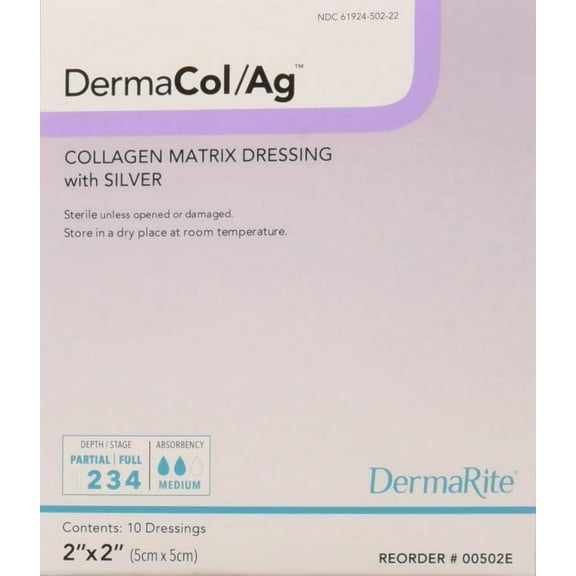 DermaCol Ag Silver Collagen Matrix Dressing, 2 Inches x 2 Inches, Square, White, Sterile, 10 Count
