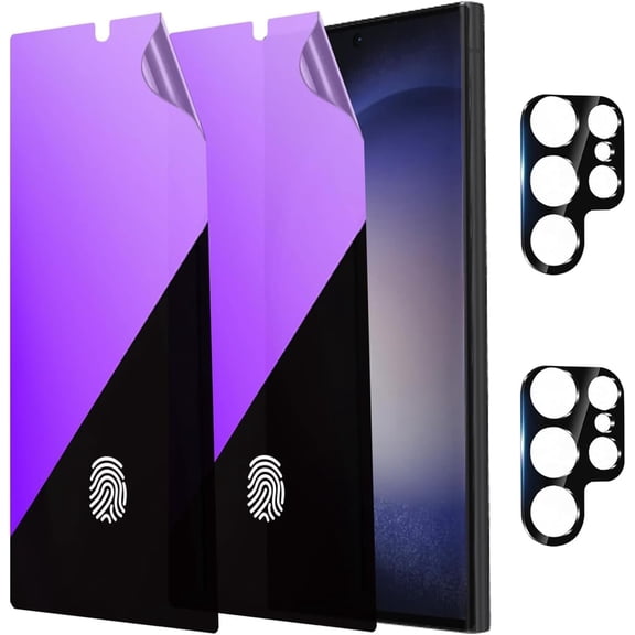 2 Pack Anti-Blue Privacy Screen Protector for Samsung Galaxy S25 Ultra Anti-Spy Soft Film Support Finger Unlock   2 Pack Camera Lens Glass Protector