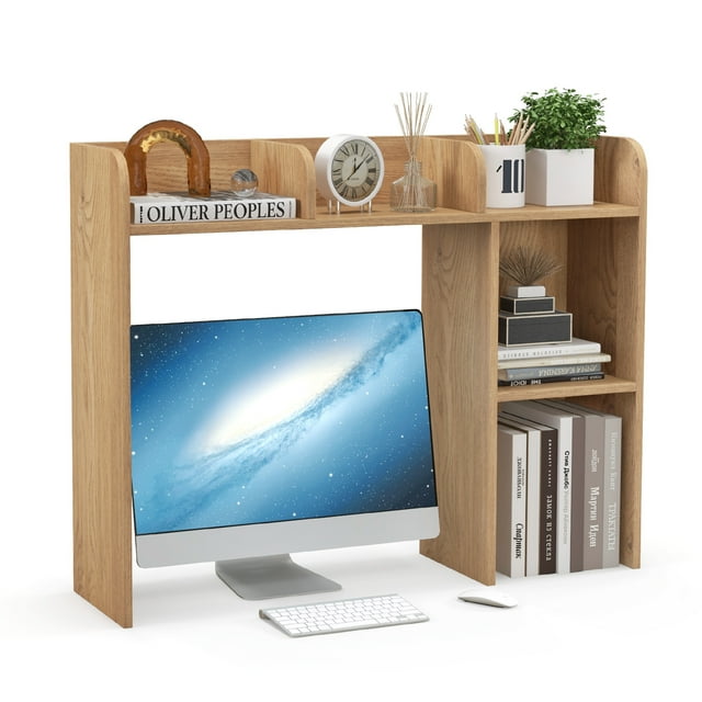 Patiojoy Desktop Bookshelf 3-Tier Multipurpose Countertop Hutch Bookshelf for 27 Inch Monitor w/ 3 Upper Shelves & 2 Side Compartments Natural