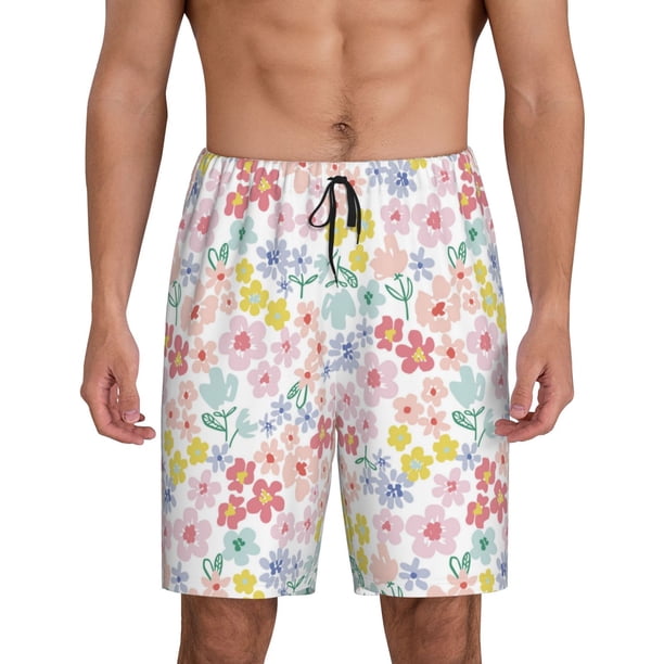 Balery Retro Floral Pantalones cortos de pijama de punto de algodón para hombre con cinturilla y bolsillos-4X-Large