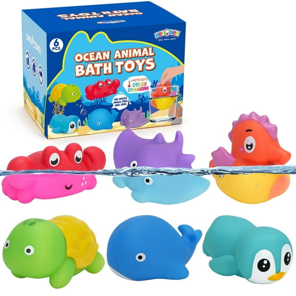 BenBen 6Pcs Color Changing Bath Toys for Toddler, No Hole Mold Free Ocean Animal Baby Bathtub Toys