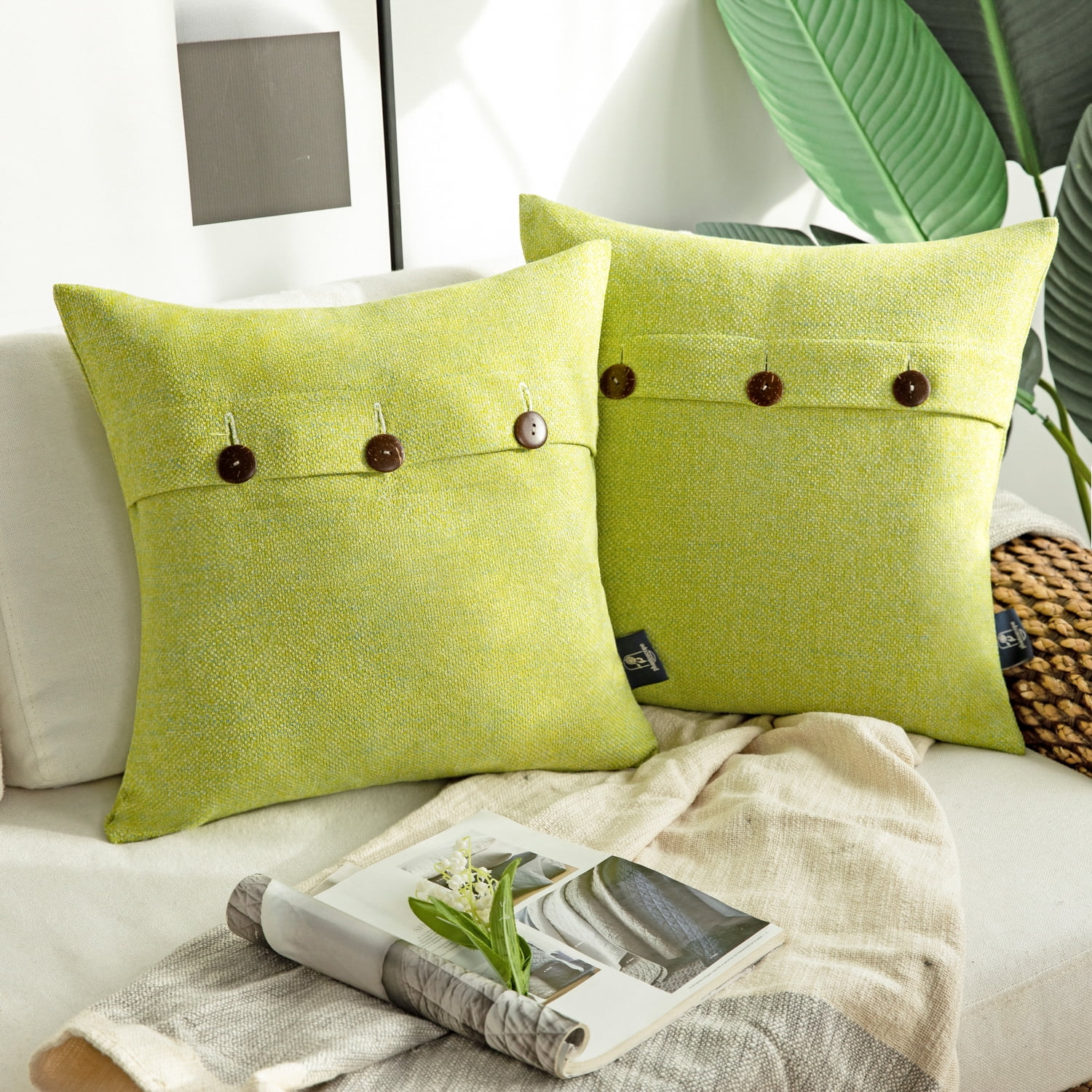 Phantoscope Farmhouse Triple Button Linen Decorative Throw Pillow, Sage Green, 18" x 18", 2 Pack