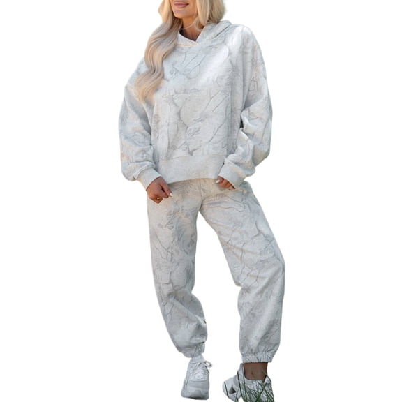 Women's Light Grey Abstract Print Loose Drop Sleeve Hoodie & Elastic Waistband Pant Set | [ZhiHiMeRi] | L