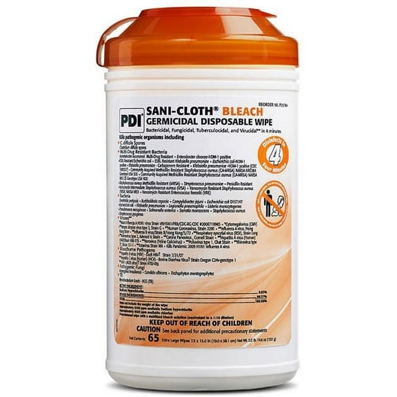 1PACK PDI Sani-Cloth Bleach Germicidal Disposable Wipes, 7.5" x 15", 65-Count X-Large Canister
