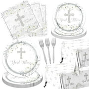God Bless Baptism Tableware Set (142pcs) – Silver Plates, Napkins & Tablecloth for First Communion/Newborn Religious Decor | Home Decor, Kitchen