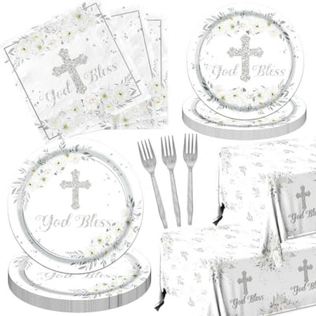 God Bless Baptism Tableware Set (142pcs) – Silver Plates, Napkins & Tablecloth for First Communion/Newborn Religious Decor | Home Decor, Kitchen