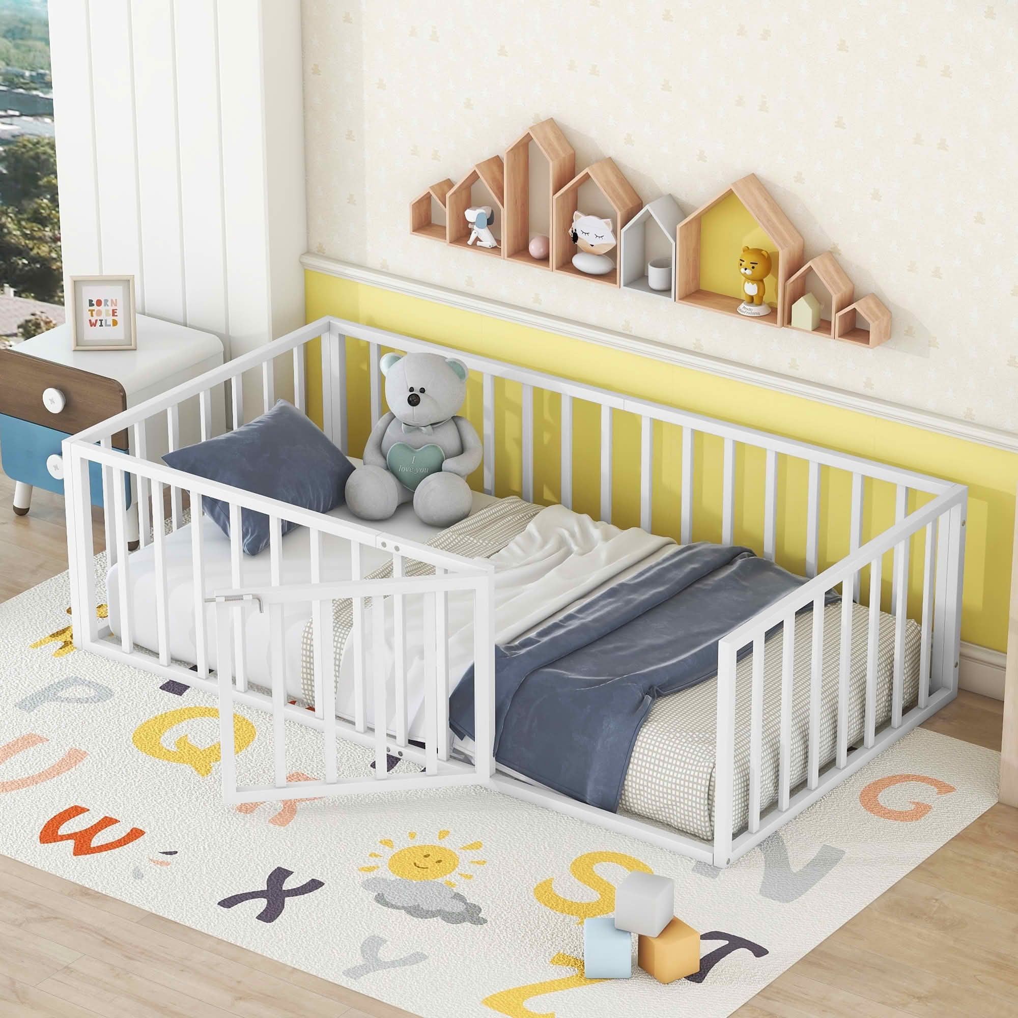 MAYEERTY Metal Floor Bed Frame with Fence and Openable Door Kids Play and Sleep Space