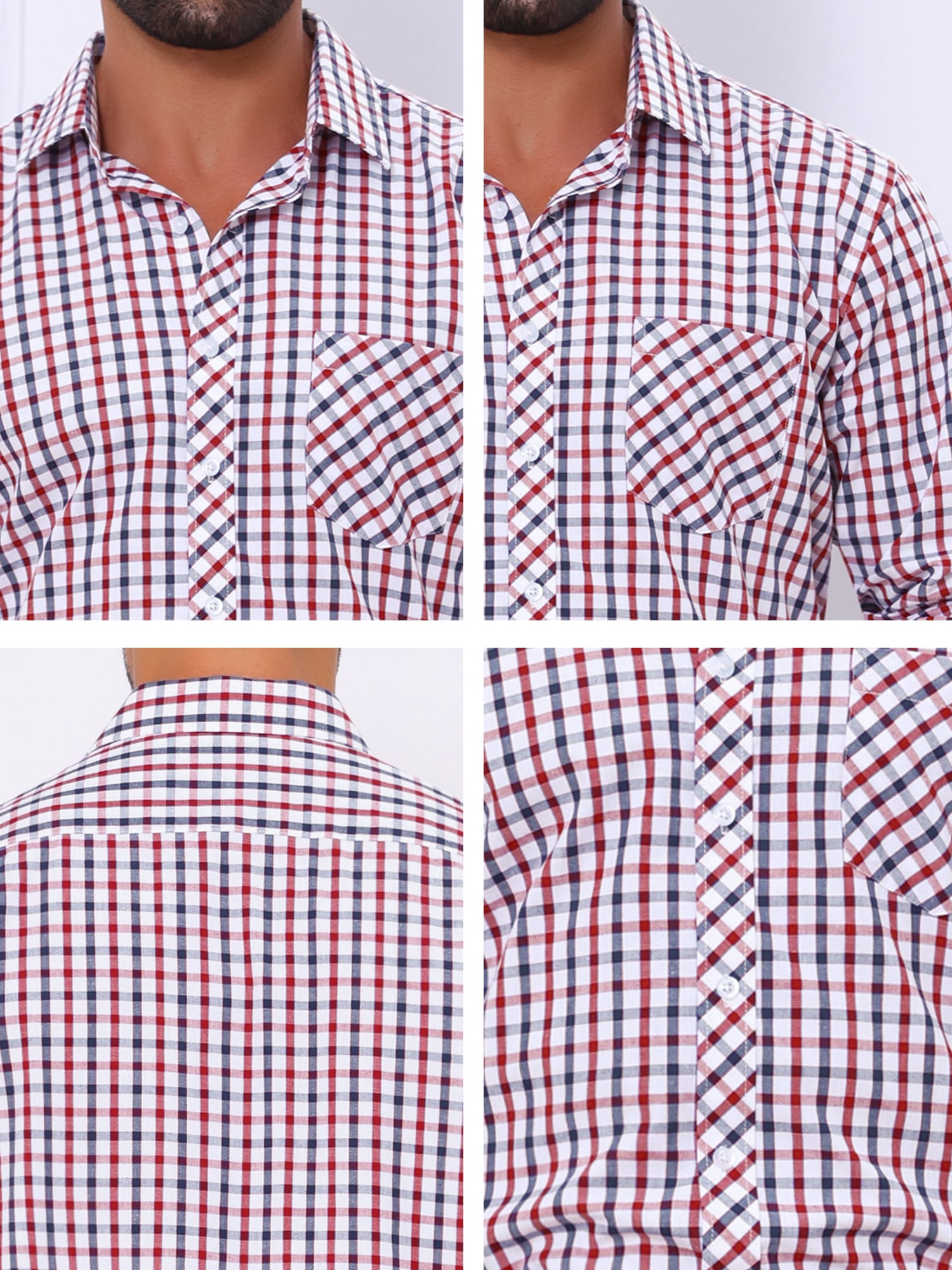DARING DIVA Men's Long Sleeve Checked Shirt Point Collar Button Plaid Shirt L Red Blue
