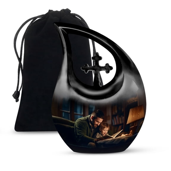 MUKTIVE Father and Boy Memorial Burial Urns for Adult Women Men - Black Large Cremation Urn for Human Ashes Adult Father - Decorative Funeral Urn for Human 10 Inch