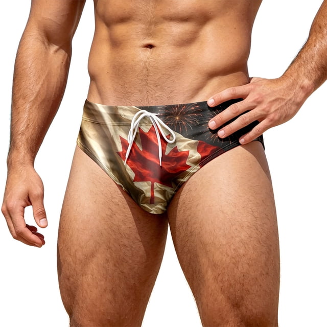 LLDYYDS Mens Canada Swim Briefs Canadian Maple Leaf Flag Graphic 1st July Patriotic Beach Triangle Bikini Swimwear with Drawstring