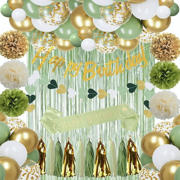 Kit d'Anniversaire Vert Sauge : Bannière Joyeux Anniversaire, Toile de Fond à Franges, Guirlande de Cœur, Pompons, Guirlande de Tels (Blanc, Or)
