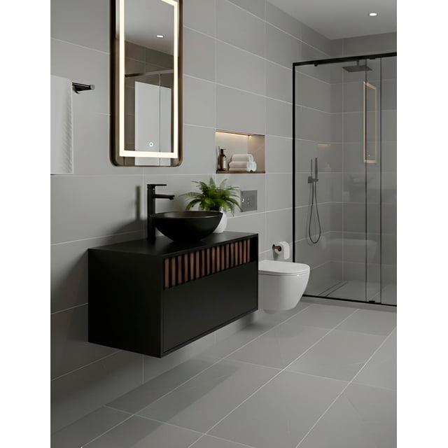 Gabinete de Baño Minimalista con Lavamanos Integrado, Mueble para Baño, Diseño Moderno con Puerta y Lambrín.