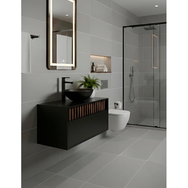 Gabinete de Baño Minimalista con Lavamanos Integrado, Mueble para Baño, Diseño Moderno con Puerta y Lambrín.