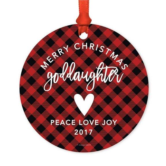 Family Metal Christmas Ornament, Merry Christmas Goddaughter 2017, Red Plaid, Includes Ribbon and Gift Bag