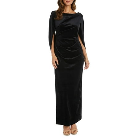 R&M Richards Boat Neck Long Draped Sleeve Draped Side Zipper Back Velvet Dress-BLACK / 16