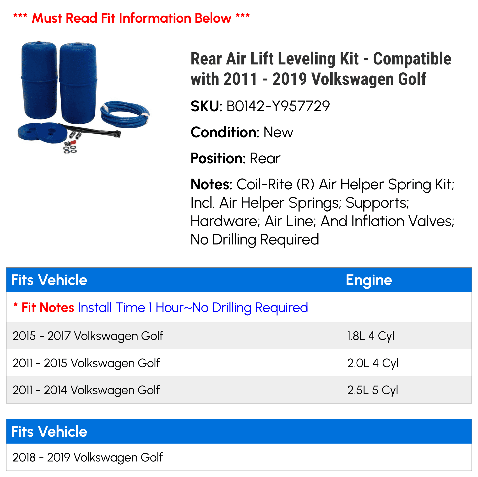 Rear Air Lift Leveling Kit - Compatible with 2011 - 2019 Volkswagen Golf 2012 2013 2014 2015 2016 2017 2018