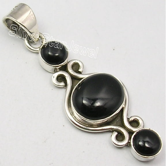 SilverStarJewel 925 Pure Silver Classic Black Onyx 3 Stone Oxidized Pendant 1.7" Handmade