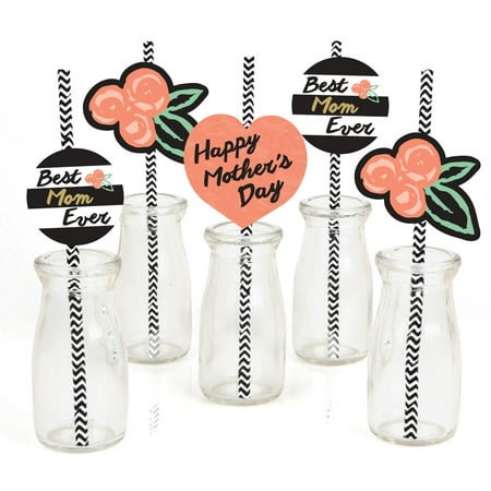 Best Mom Ever - Paper Straw Decor - Mother's Day Party Striped Decorative Straws - Set of