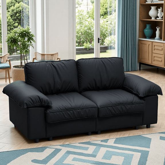 79" Black Faux Leather 2-Seater Sofa with Hidden Storage, Space-Saving Loveseat for Apartments & Studios, Modern Compact Couch