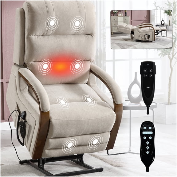 Power Lift Recliner Chair with Heat and Massage, Dual Motor Infinite Position Reclining, Beige Chenille Upholstery, Solid Wood Armrests for Elderly and Mobility Needs