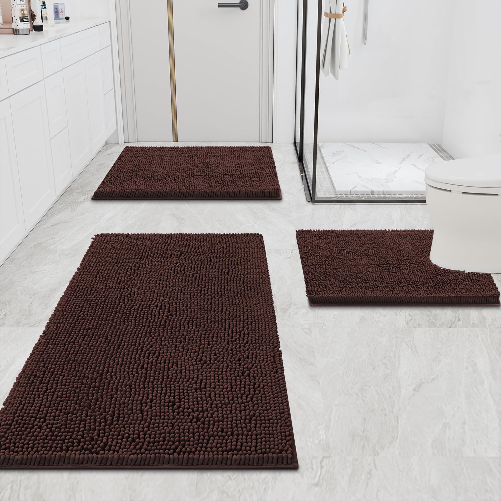 Smiry Luxury Chenille Bathroom Rugs, Extra Soft and Absorbent Bath Mat, Brown, 20"x30"