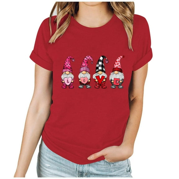 Stamzod Valentines T Shirts for Women Summer Casual Oversized Christmas Shirt Santa Lover Heart Short Sleeve Blouses for Women Red C L