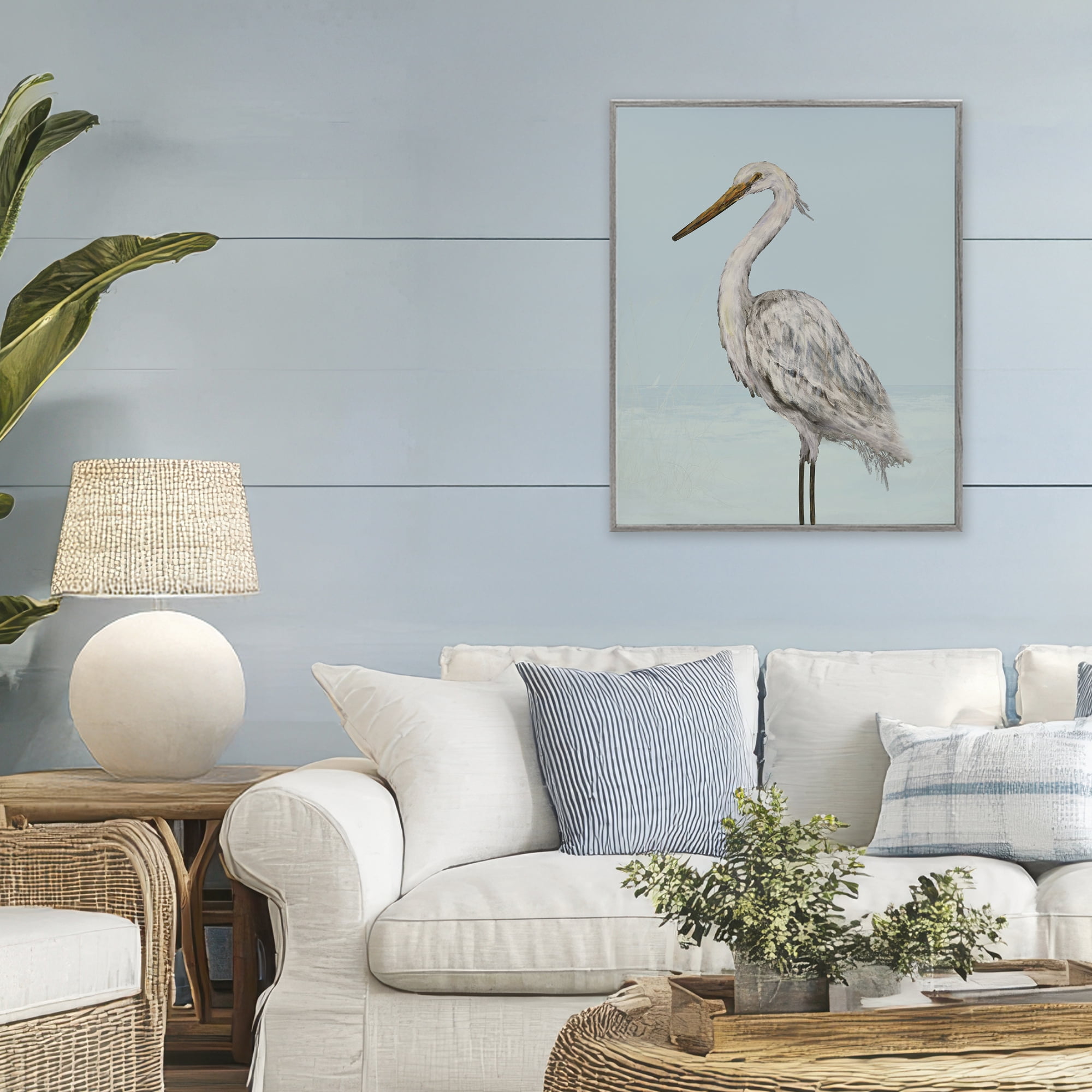 Stupell Industries Coastal Heron Muted Blue Gray Framed Giclee Art, design by Julie DeRice