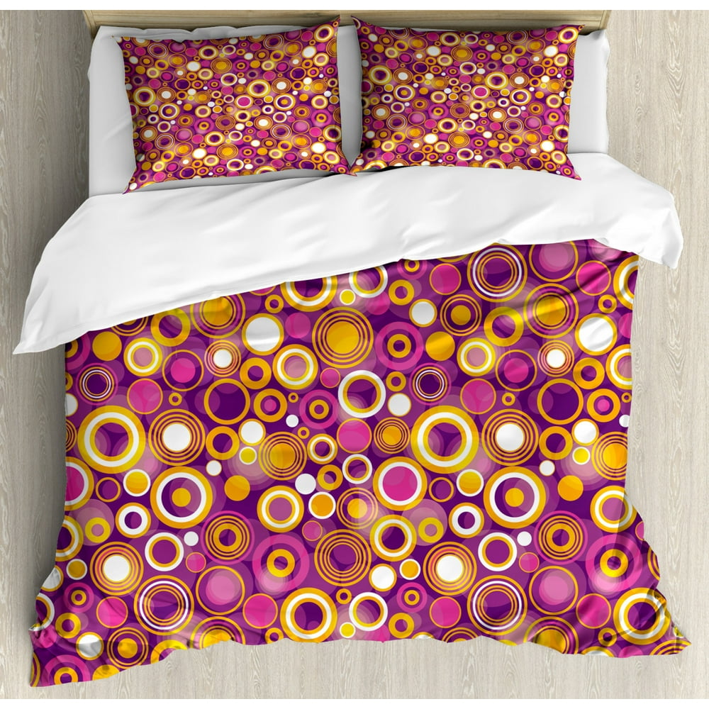 Geometric Duvet Cover Set, Retro Style 70s like Vintage Circles and Rounds Water Drops like
