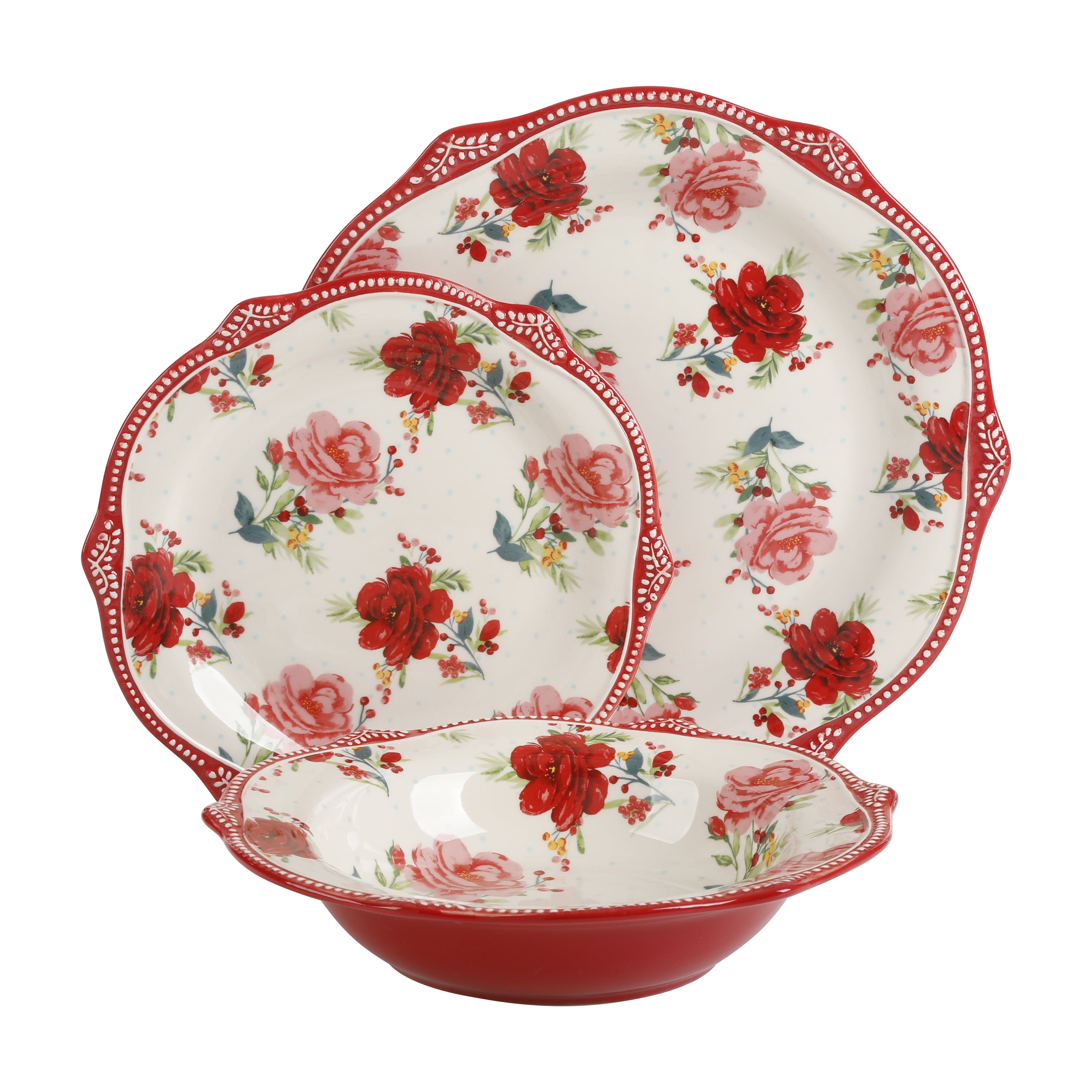 PIONEER WOMAN CHEERFUL ROSE DESIGN STONEWARE CHRISTMAS SHARING PLATE 12" RED 