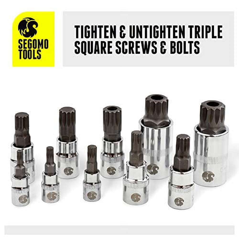 Segomo Tools 10 Piece Triple Square Socket Set - Mixed Drive Triple Square Bit Set - Metric XZN Spline Socket Set - European Socket Set (4MM-18MM) - Triple Square Spline Bit Set - XZN10