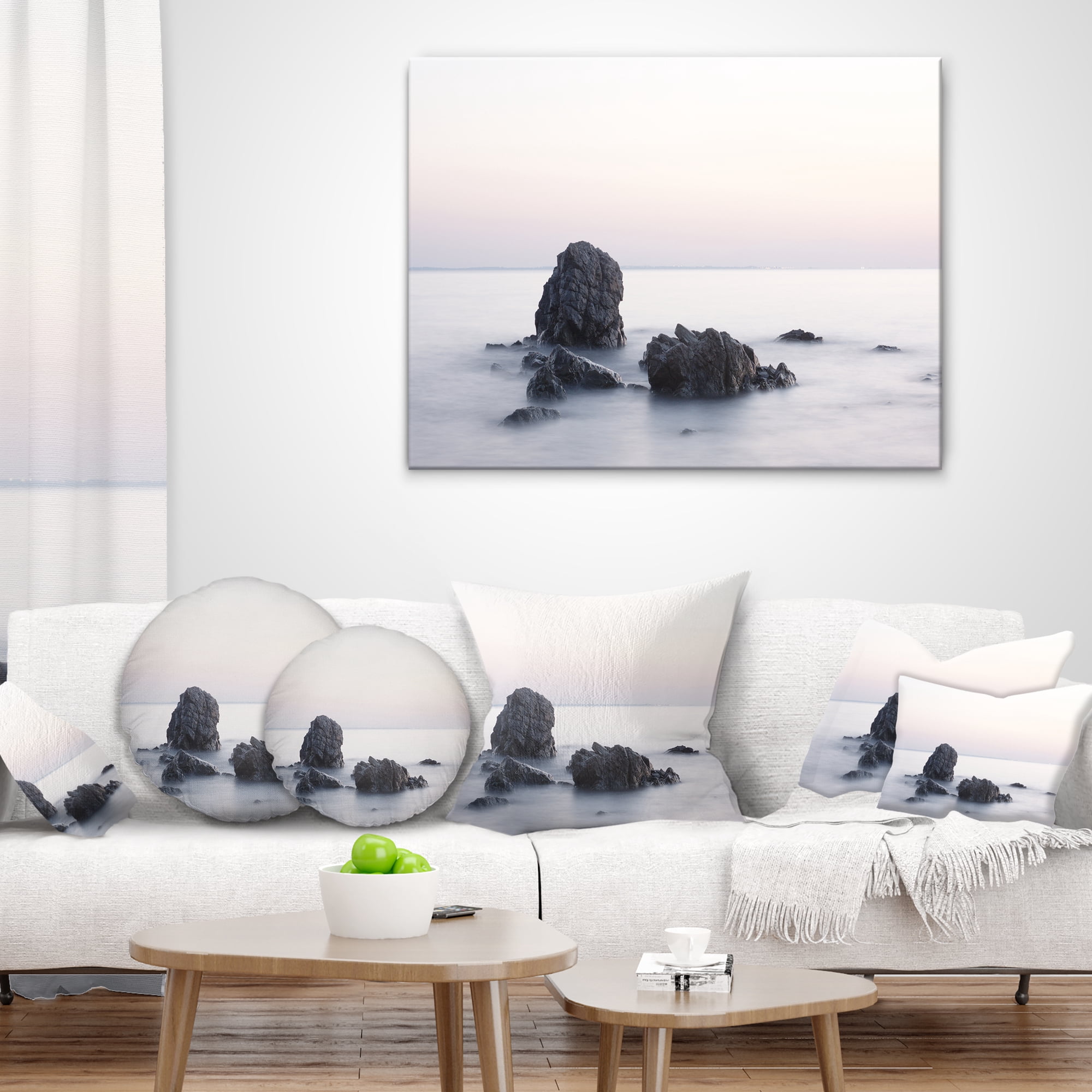 Designart Rocks in the Sea Black and White - Seashore Throw Pillow - 18x18