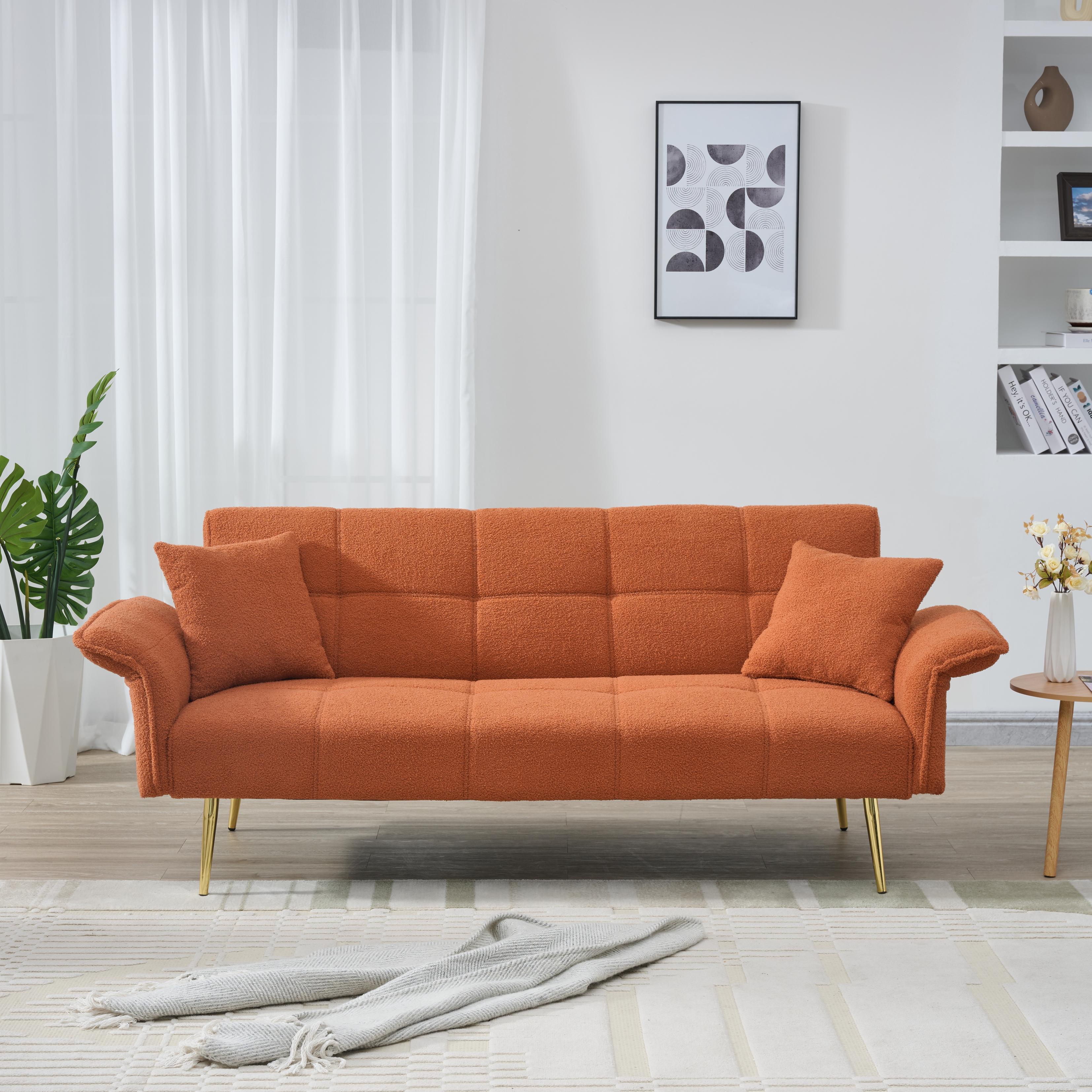CARZZI 70" Upholstered Teddy Loveseat Sofa, Convertible Futon Sofa Couch with Adjustable Arms, Deep Seat 2 Seater Comfy Cushion Love Seat for Small Space Living Room Bedroom Apartment, Orange
