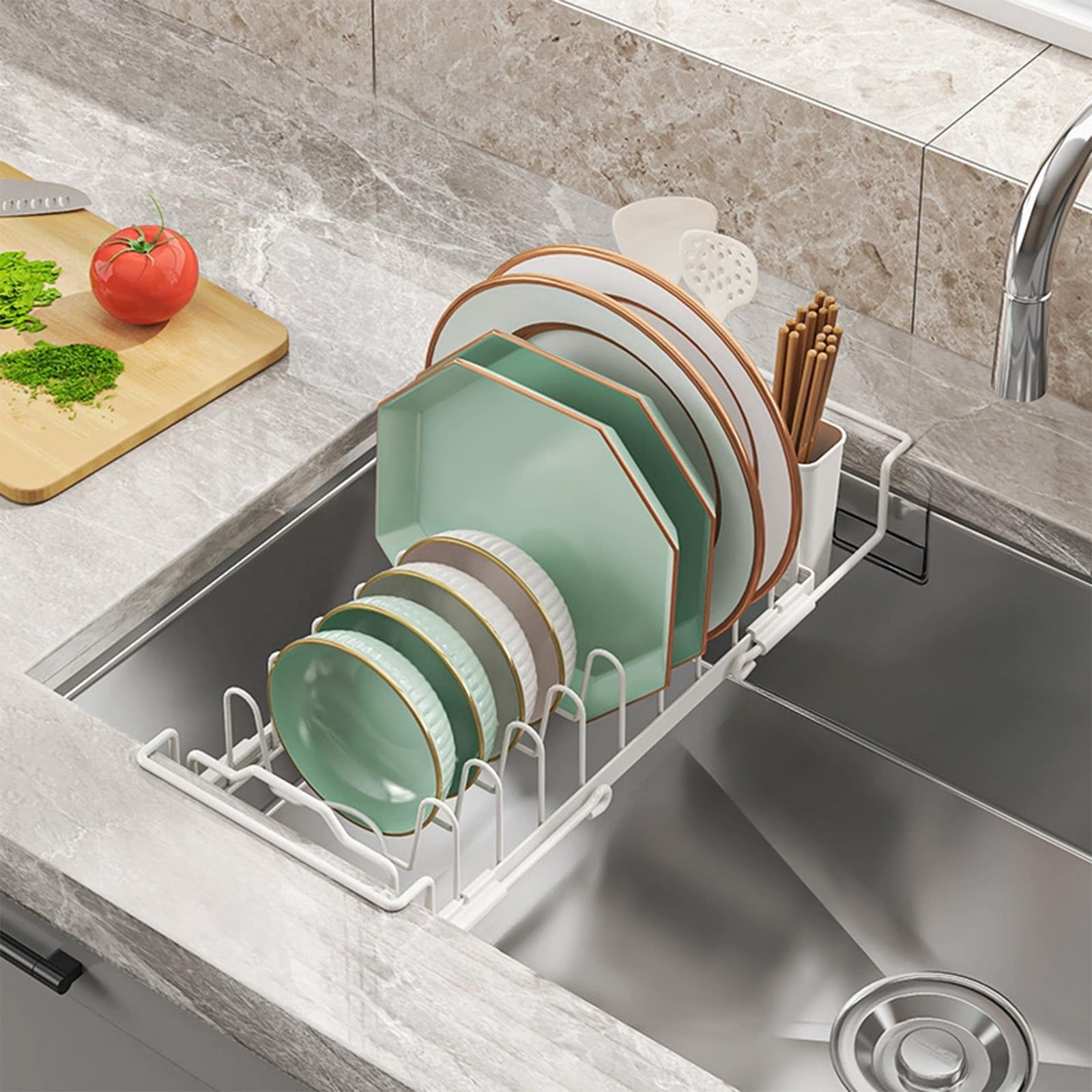 Bxaolu Sink Dish Drying Rack - Expandable Small Dish Rack Over Sinks with Drying Tray, Stainless Steel Dish Drainer for Kitchen Counter with Cutlery Holder, Drying Rack Fit 14’’-19’’ Kitchen Sink
