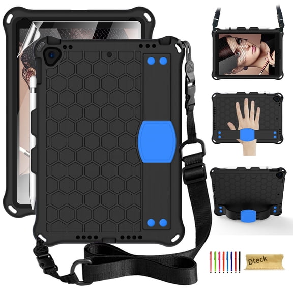 iPad 10.2 2021 Case with Screen Protector, Dteck Shockproof Case for iPad 9th Gen/ iPad 8th Gen / iPad 7th Gen with Removable Shoulder Strap/Hand Strap/Pencil Holder, Heavy Duty Rugged Case,Black/Blue