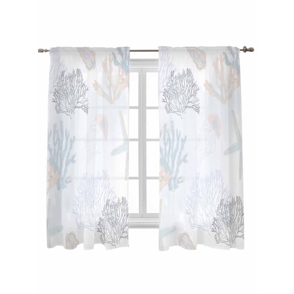 Blue Pink Coral Coastal Curtains 72 Inch Length,Sheer Curtains for Bedroom Living Room Window Nautical Starfish Summer Beach Rod Pocket Drapes Kitchen Curtains Small Half Window 52"x72" 2 Panels