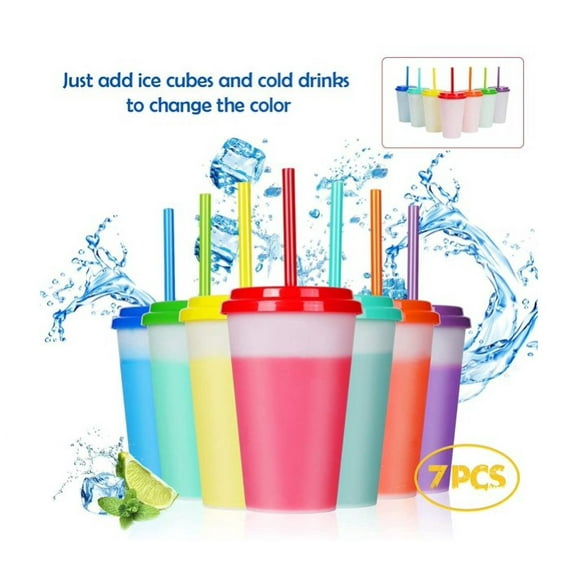 Colour Changing Cups Plastic Cup - 7 Packs Reusable BPA Free Party Tumblers with Splash Proof Lids Straws - Plastic Ice Coffee Mugs Cold Drinks Travel Cup 12oz Tumbler for Kids Adults