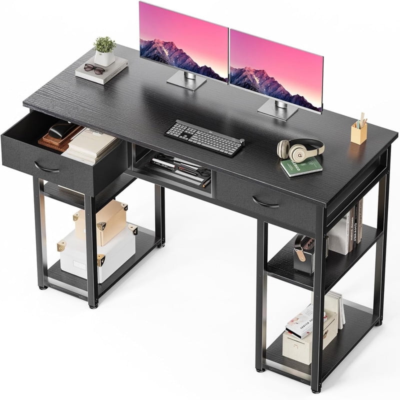 Kelno 48 Inch Computer Desk with 2 Fabric Drawer Storage Shelf Gaming Writing Table, Black