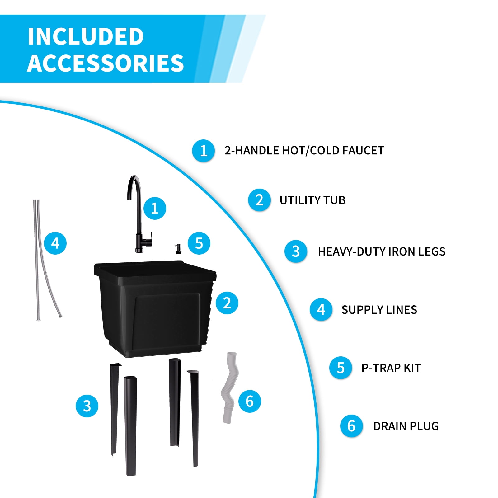 TABU Freestanding Utility Sink Laundry Tub, with Stainless Steel Faucet, Black
