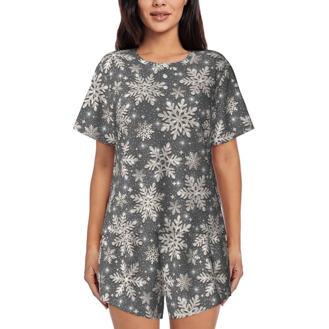 Balery Sparkling Snowflakes Conjunto de Pijama para Mujer con Estampado, Dos Piezas de Manga Corta y Shorts, Ropa de Dormir Suave con Cuello Redondo y Bolsillos-XX-Large