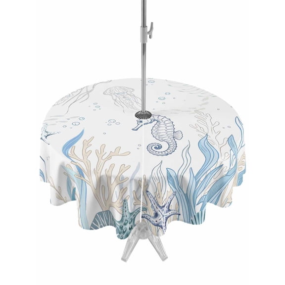 Outdoor Tablecloth with Umbrella Hole and Zipper, Seahorse Coastal Round Table Cloth 54 Inch Waterproof Tablecloth, Summer Beach Ocean Nautical Coral Picnic Table Cover for Patio Camping