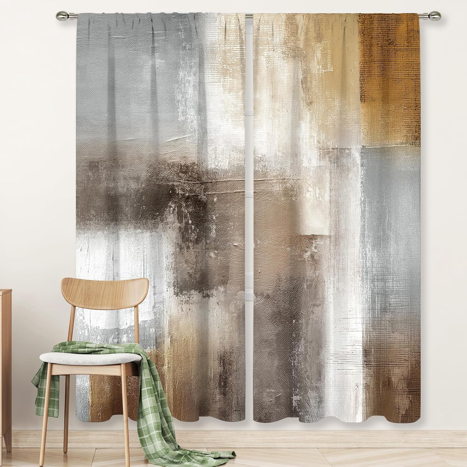 Grey Brown Curtains 52Wx84H Inch Rod Pocket Abstract Vintage Rust Tan Beige Modern Oil Painting Contemporary Bedroom Window Drapes Neutral Earth Tone Printed Living Room Window Treatment