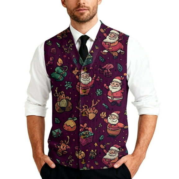 Resicozy Mens Christmas Sweater Vest Funny Xmas Printed Holiday Vests V-Neck Casual Cardigan Vest Wine 1 3XL