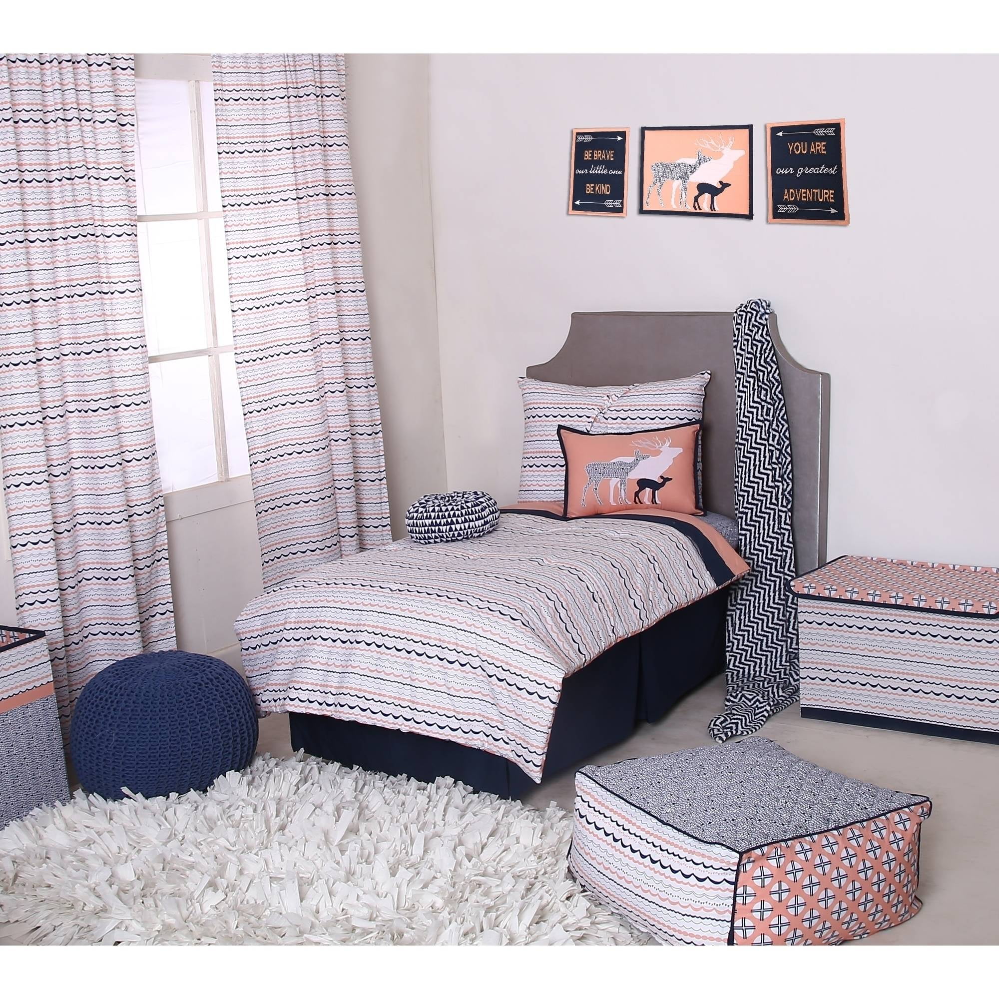 Bacati - Olivia Tribal 3-Piece 100% Cotton Percale Toddler Sheet Set, Coral/Navy