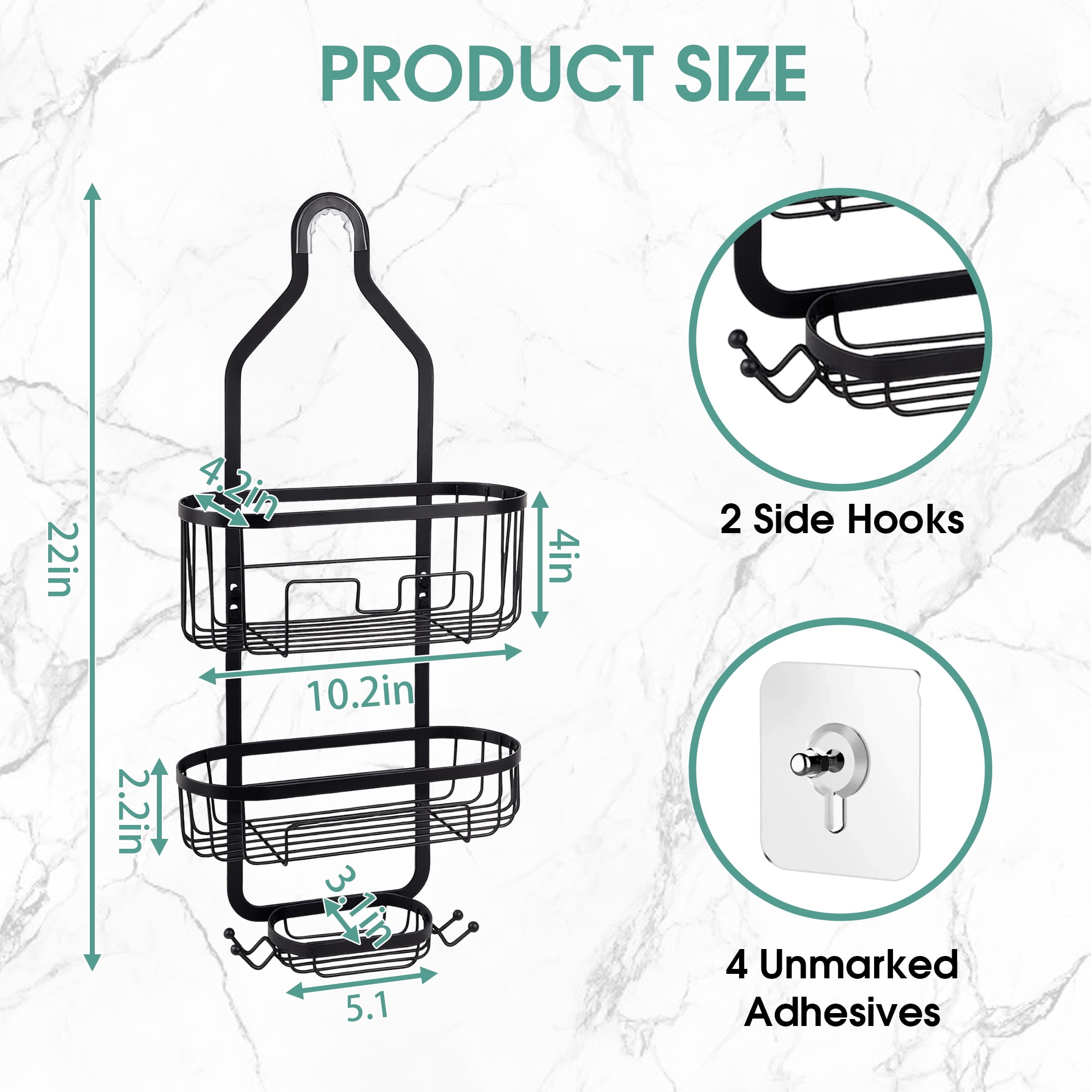 Hanging Shower Caddy Over ShowerHead, 3 Tier Rustproof Shower Shelves Organizer with Hooks & Soap Holder, Anti-Swing Bathroom Shower Organizer, Black Shower Caddy Hanging