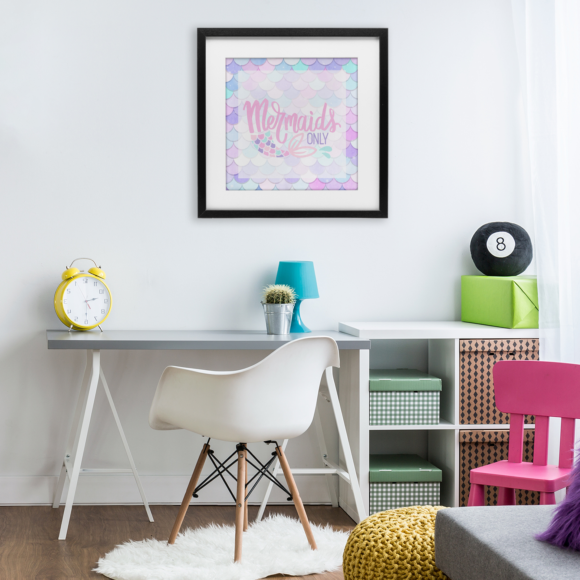 Pastel Mermaids Only Black Framed Print Under Glass, design by Kim Allen