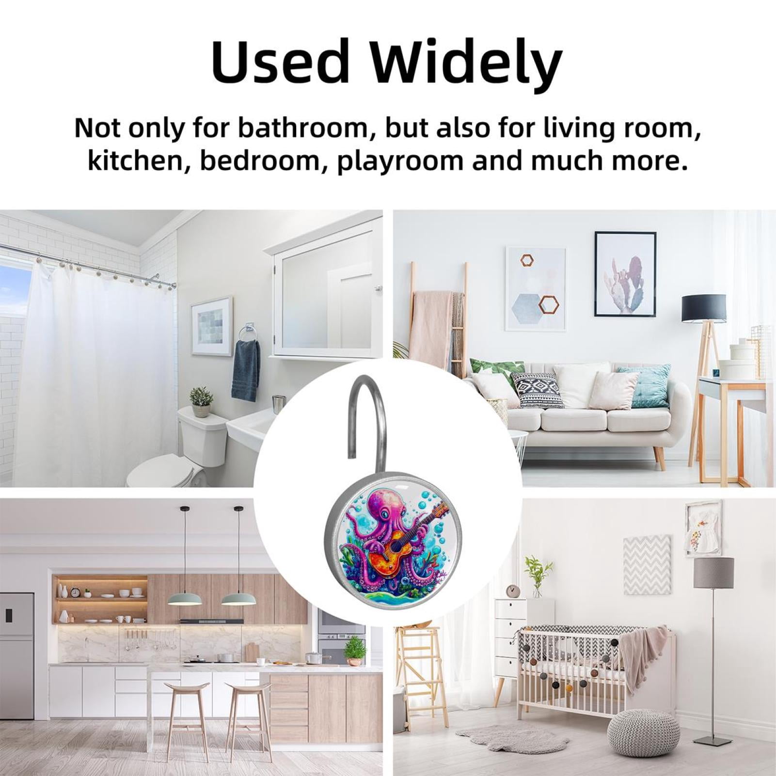 12pcs Decorative Shower Curtain Hooks, Rust Resistant Shower Rings for Bathroom Living Room,Rustproof Stainless Steel Rings for Shower Curtain and Liner Rods,Guitar Octopus