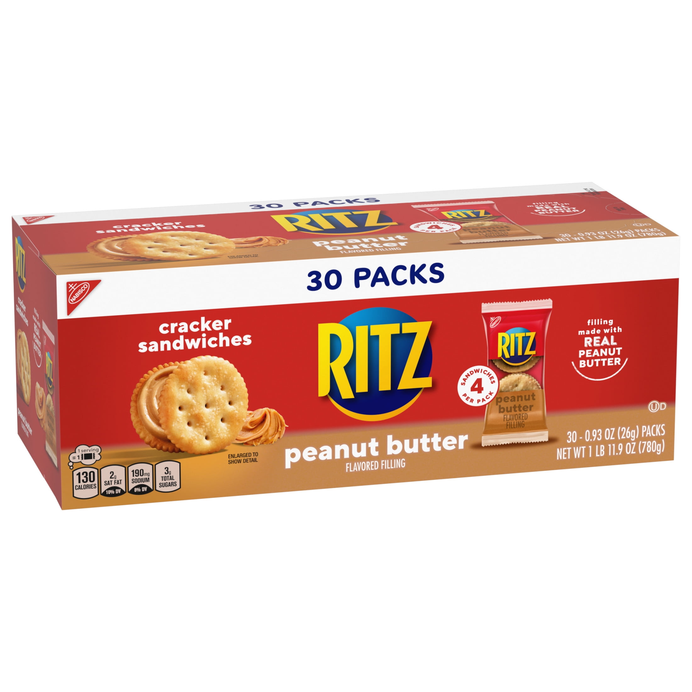 RITZ Peanut Butter Sandwich Crackers, Lunch Snacks, 30 Snack Packs (4 Crackers Per Pack)