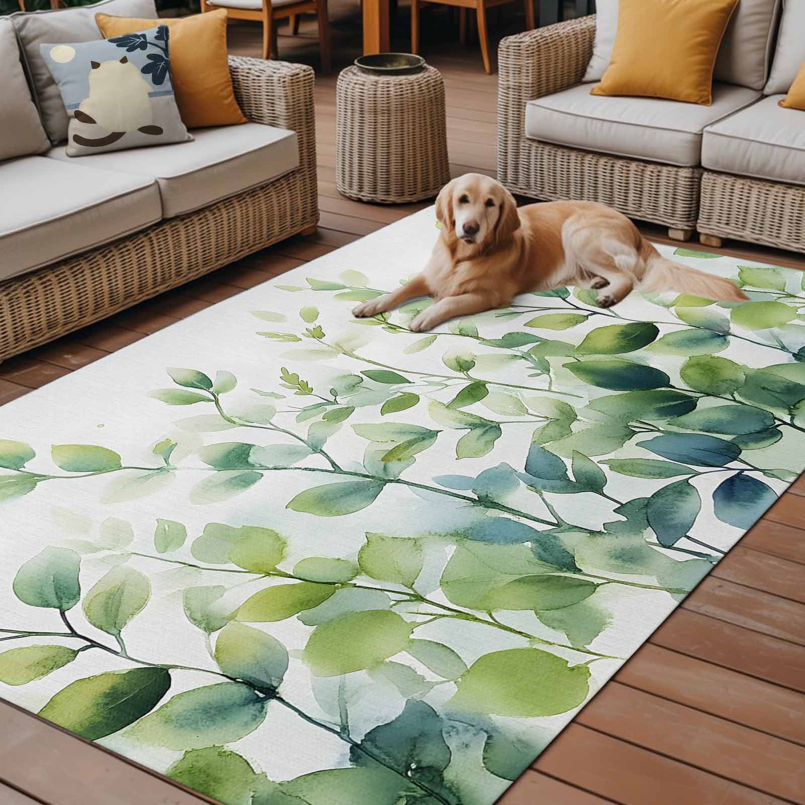 Outdoor Rug 5x8ft Watercolor Eucalyptus Leaves Large Area Rug Ombre Green Indoor Outdoor Carpet Outdoor Rugs Mats for Patio Camping,RV,Front Door, Outside Decor