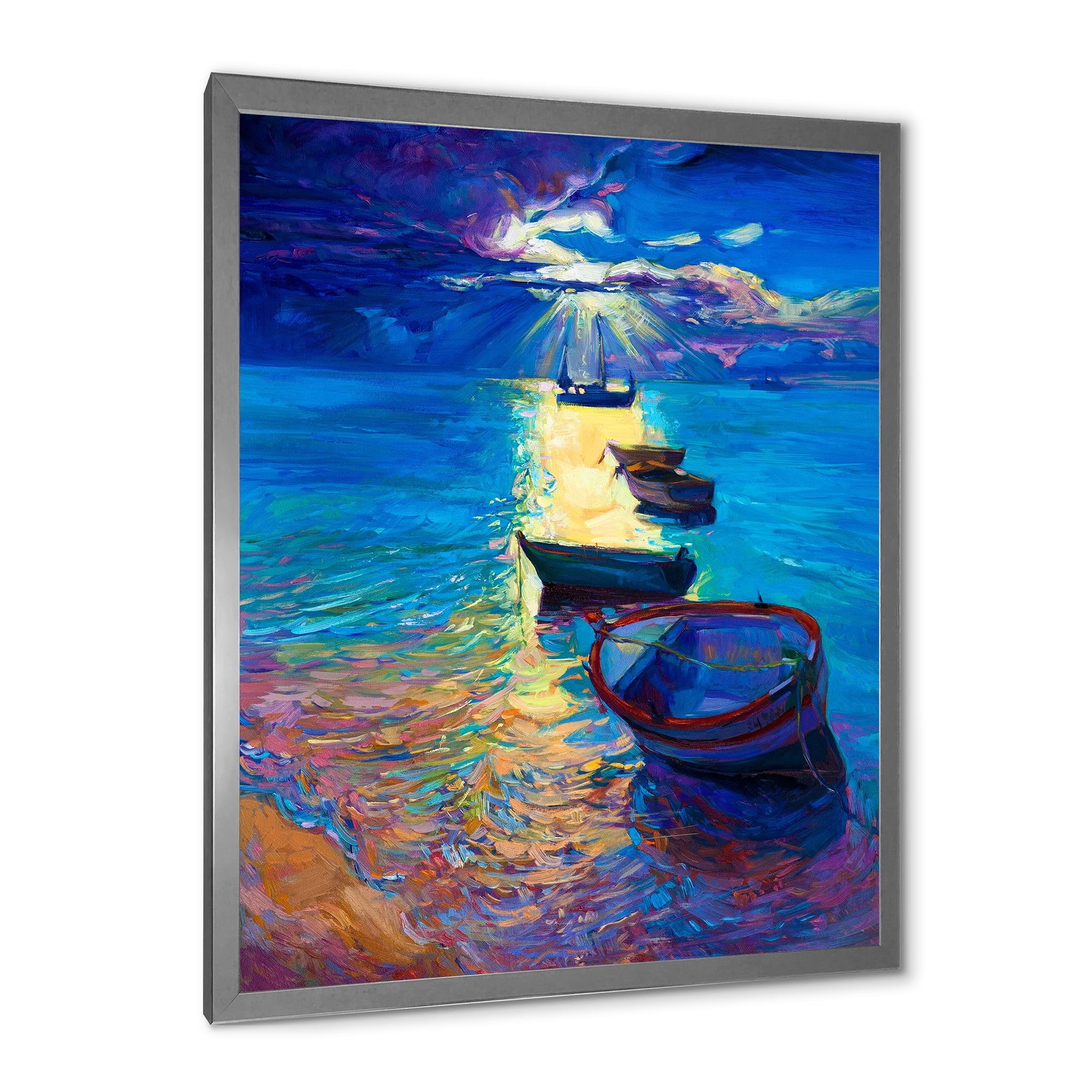 Designart 'Fishing Boats On The Water With Dark Blue Sky Illustration' Lake House Framed Art Print