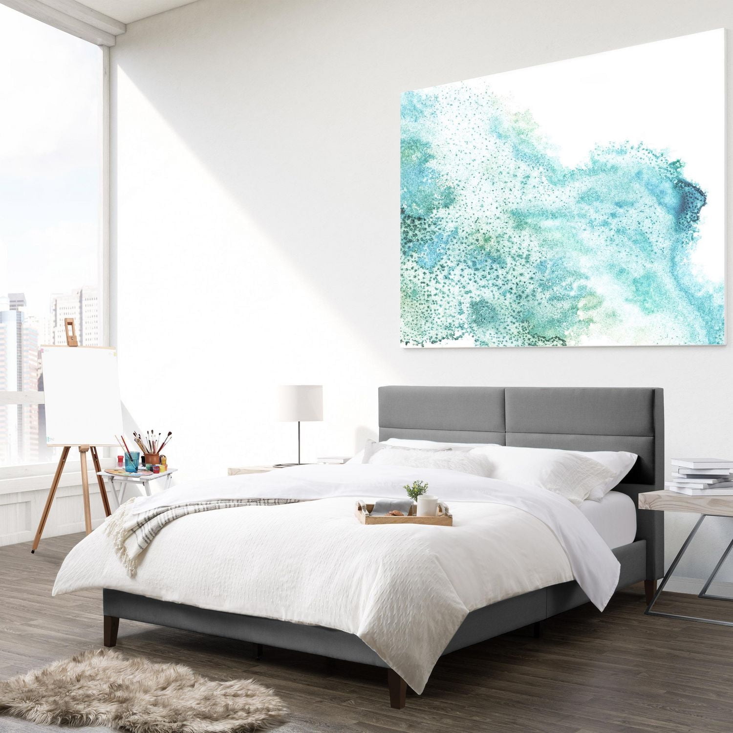 CorLiving Bellevue Adult Queen Fabric Upholstered Platform Bed with Tufted Headboard and Slats, Light Grey